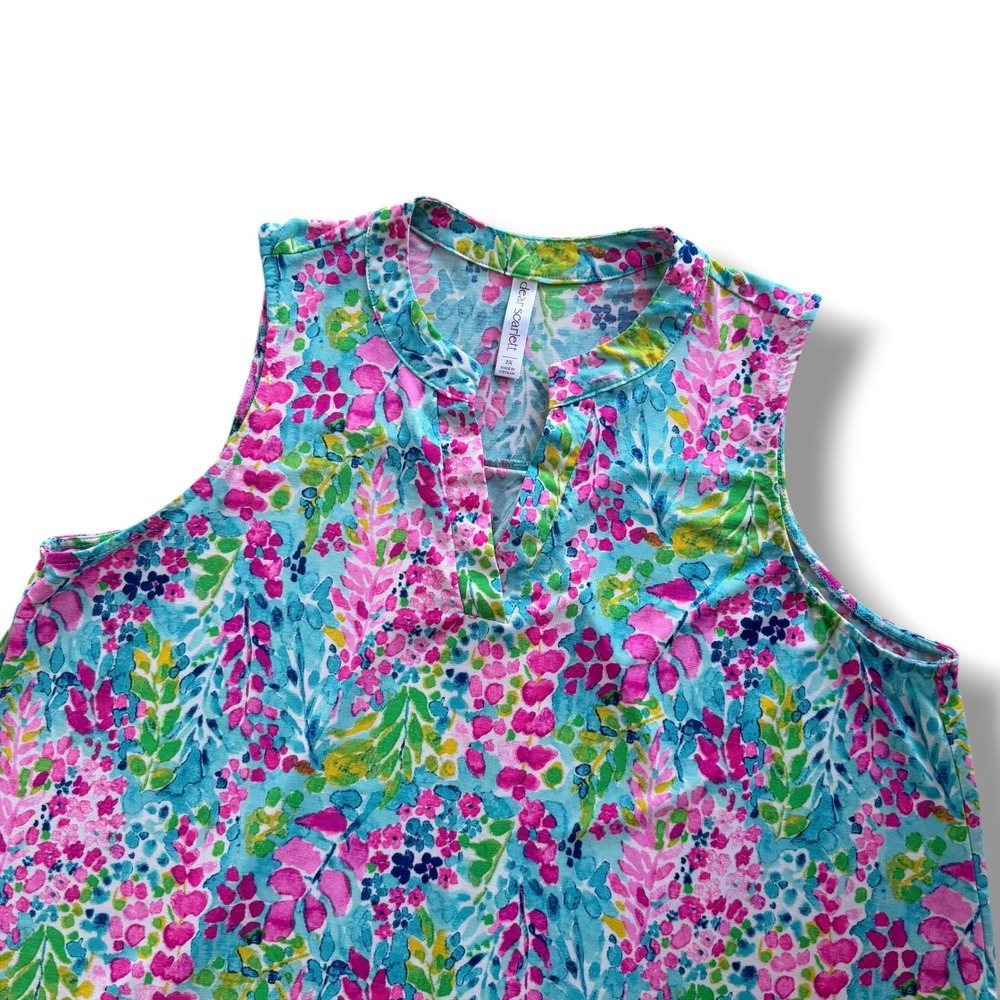Dear Scarlett Women Plus 2X Pink Blue Floral Sleeveless Split Neck Blouse Preppy